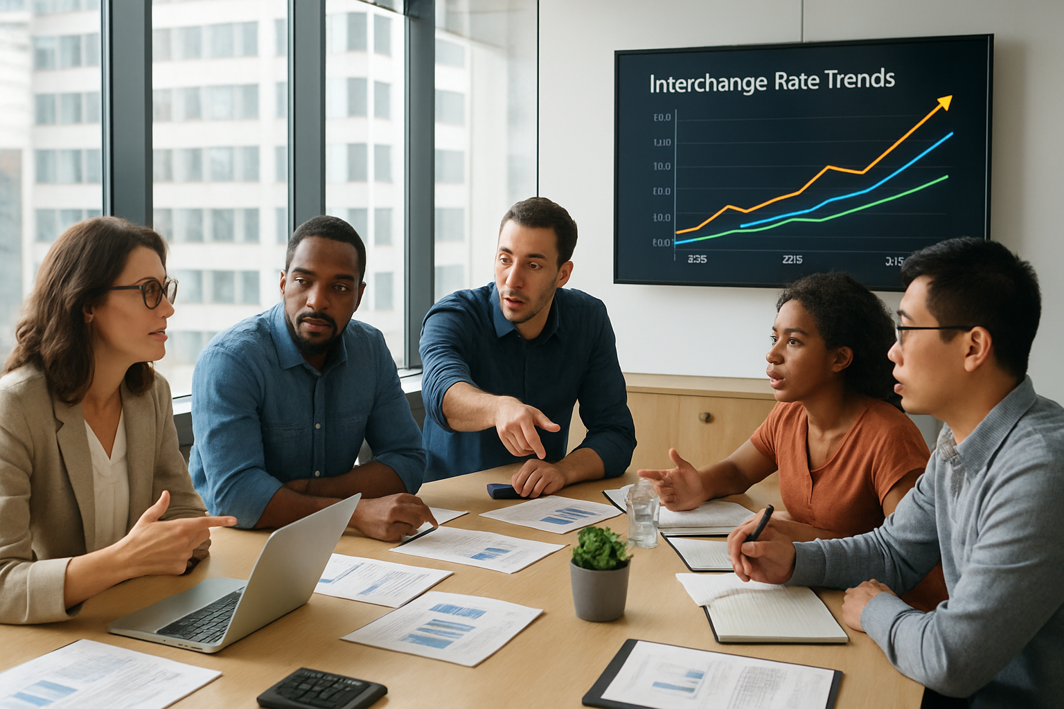 A sleek, modern office space filled with small business owners engaged in discussions around a large conference table. Bright natural light streams through floor-to-ceiling windows, illuminating laptops and financial documents scattered across the table. A digital display on the wall shows a colorful graph illustrating interchange rate trends, with rising lines representing increasing costs. In the foreground, a diverse group of professionals&mdash;men and women of various ethnicities&mdash;are animatedly sharing insights, some taking notes, while others point towards the graph. A small plant sits on the table, adding a touch of greenery to the professional atmosphere. The overall vibe is one of collaboration and urgency as they navigate the complexities of payment processing fees in 2025.