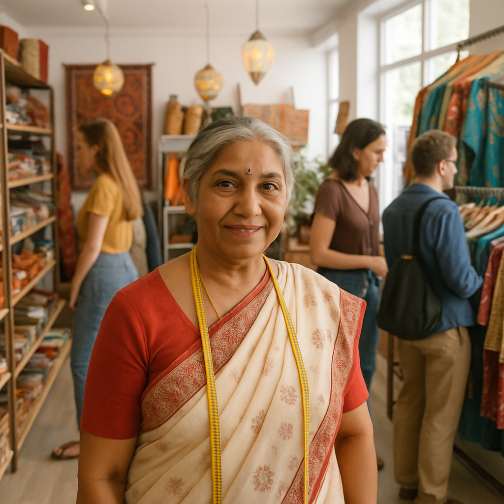 Image depicts an older female business owner from India who is in her small boutique where she sells products imported from India. In her shop, a few people are browsing items. The shop is bright and airy.
