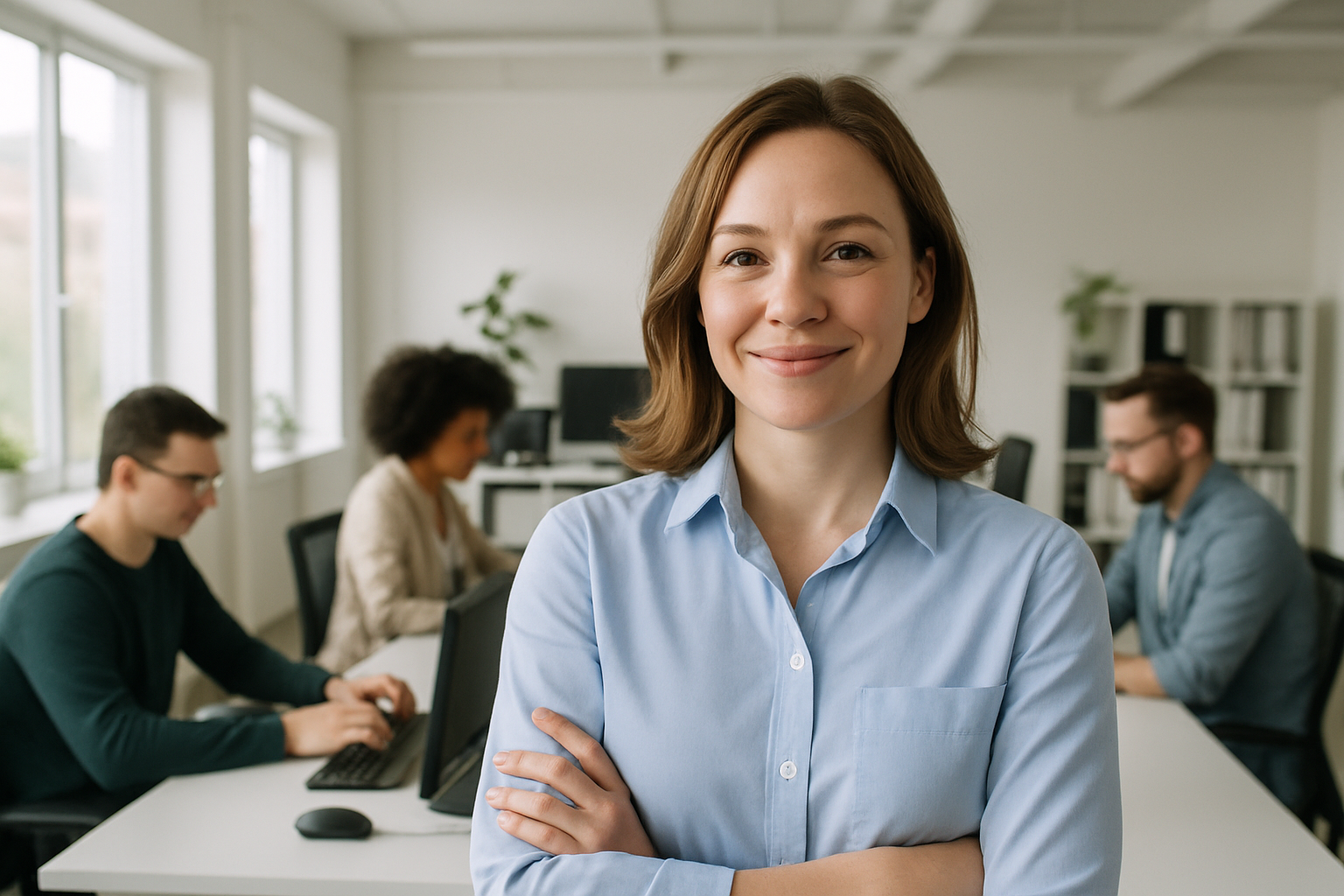 Confident business professional in a blue shirt smiling at the camera in a modern office, with colleagues working in the background, representing awareness of hidden credit card processing costs.