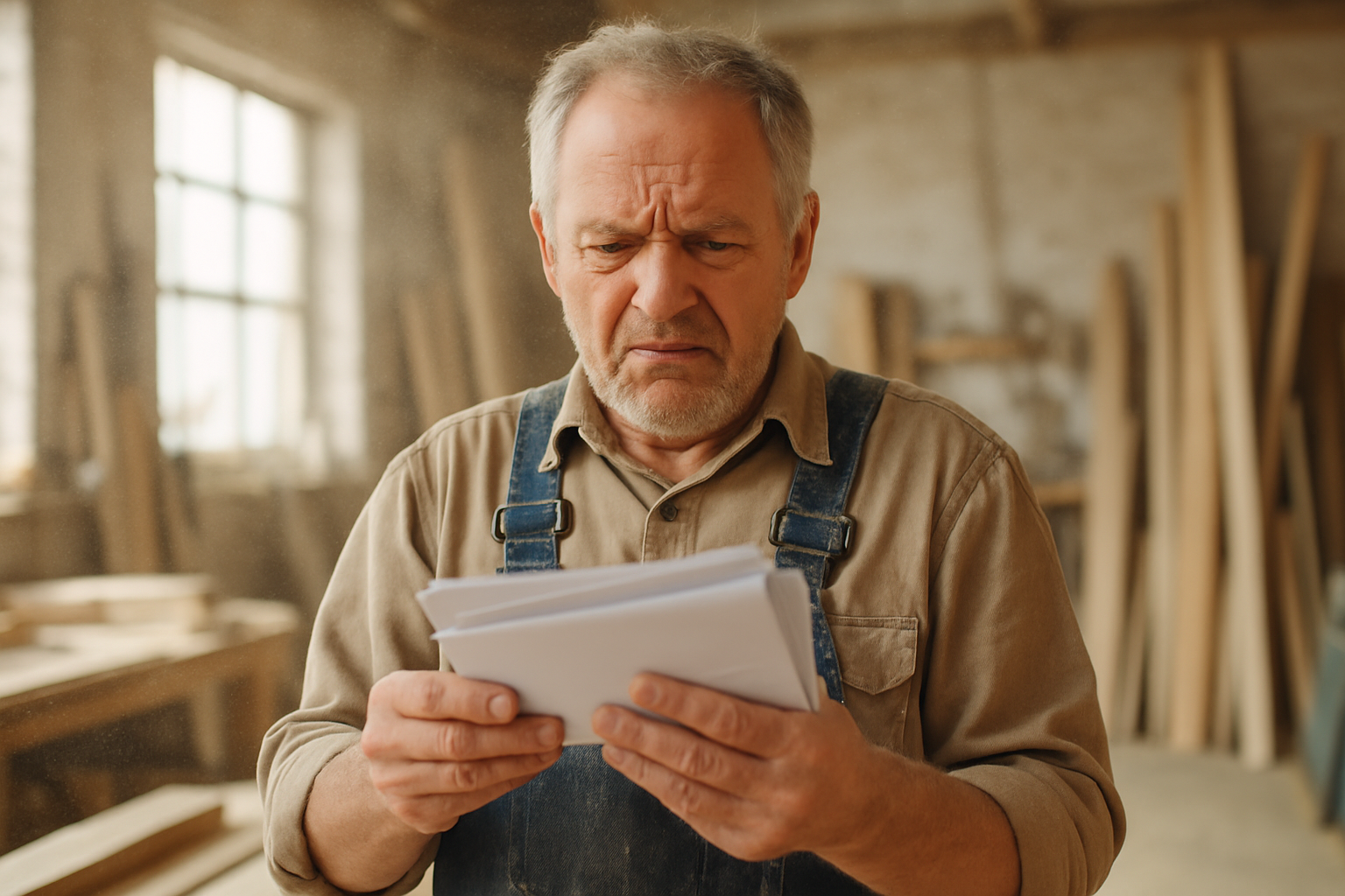 Older small business owner in work overalls standing in a workshop, frowning while reading through a stack of papers, representing the confusion of trying to understand a payment processing statement.