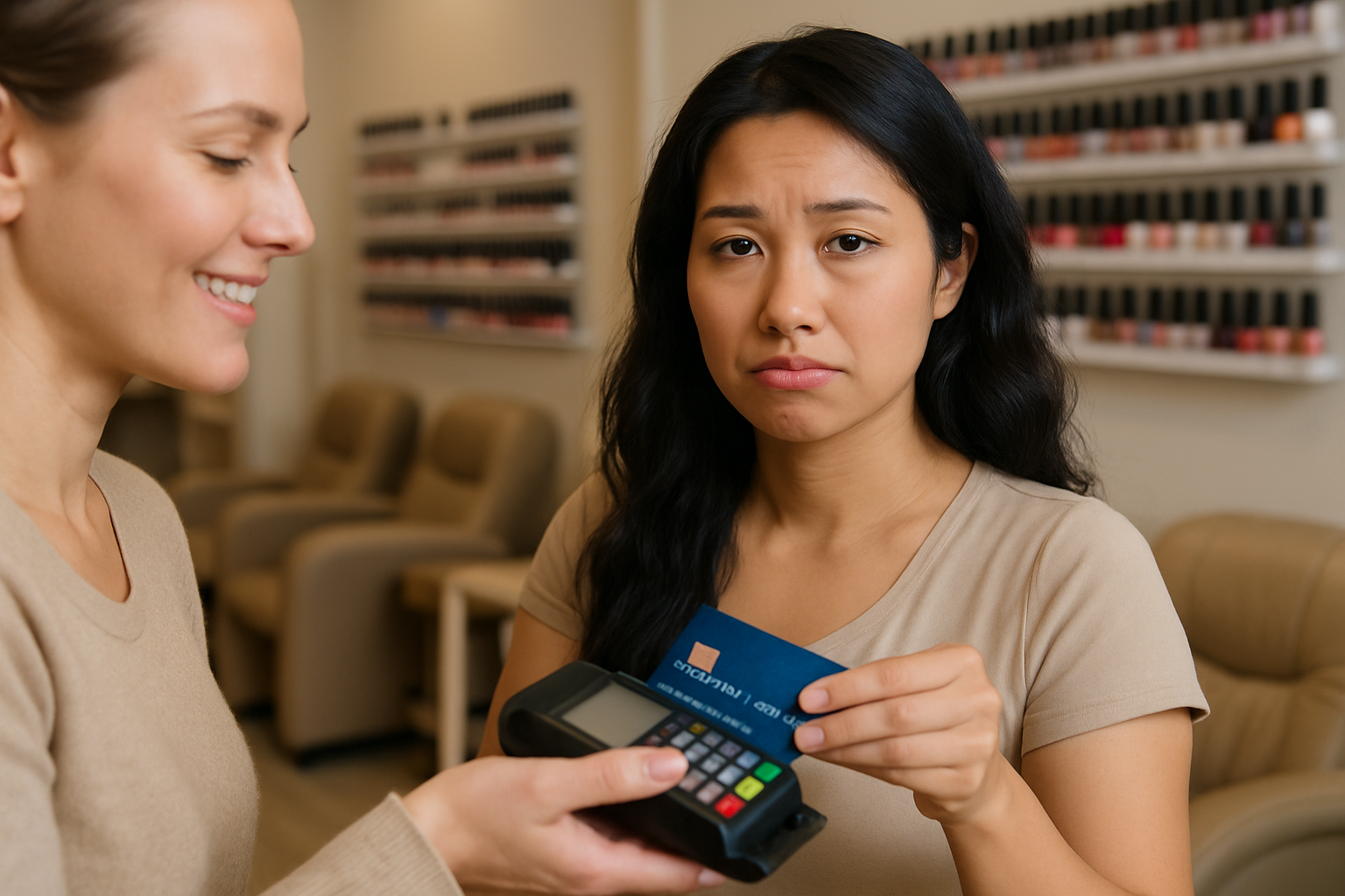 Customer holding a credit card and payment terminal with a concerned expression, symbolizing the hidden downsides of flat rate pricing in payment processing.