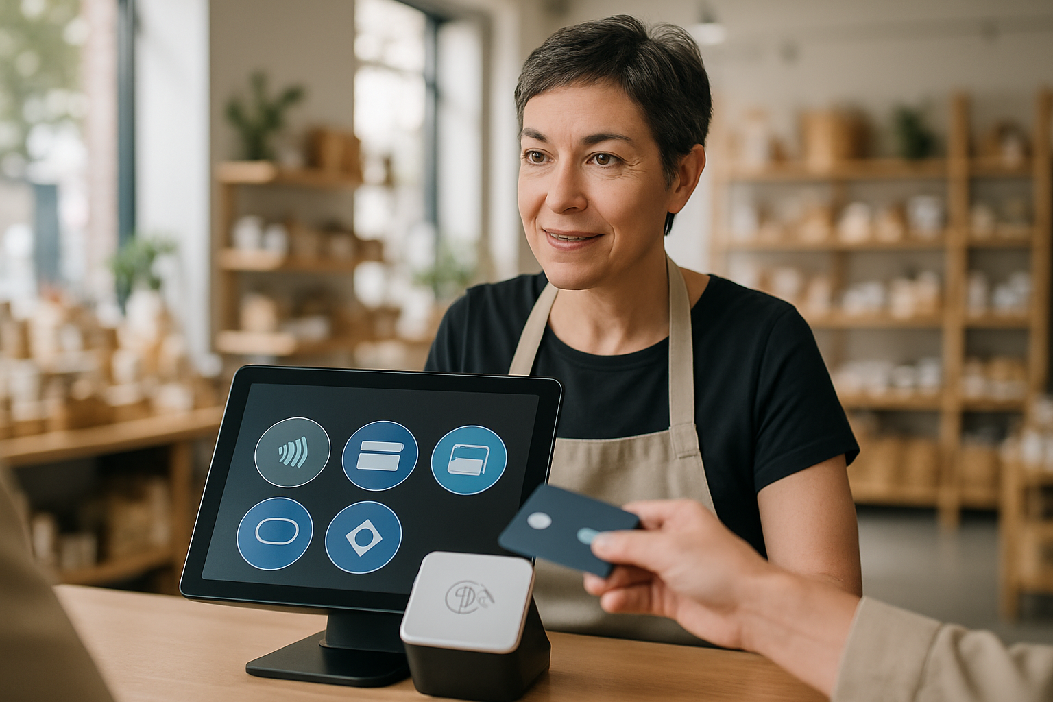 Image is of a small business owner accepting payment for their goods from a customer who is paying with a credit card.