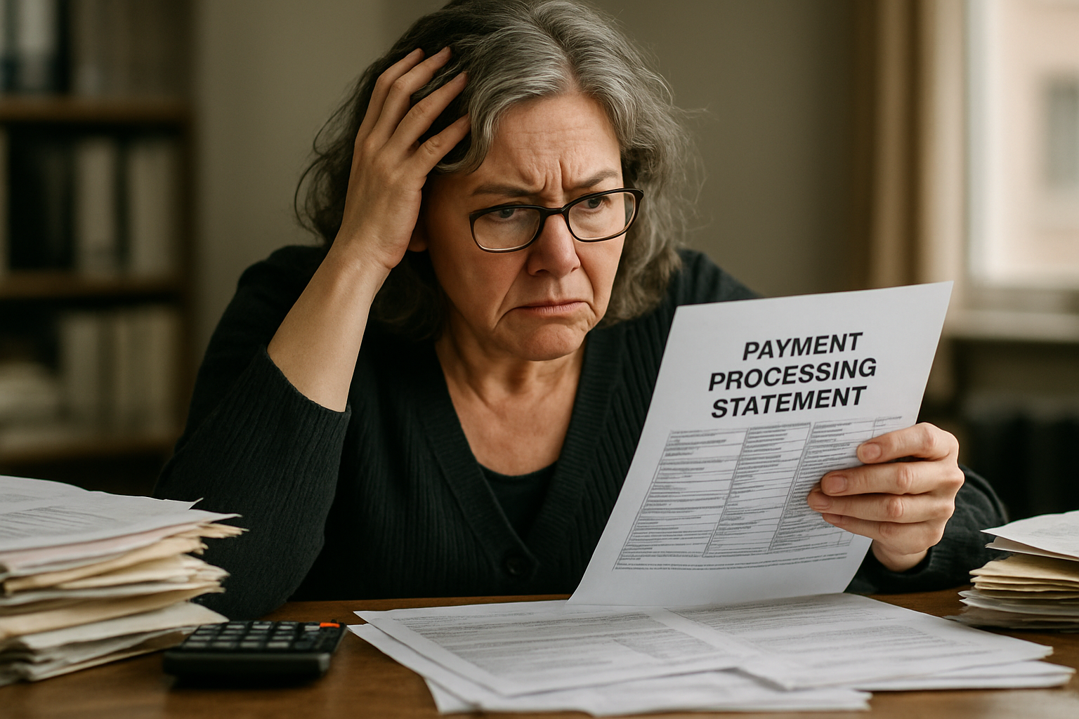Concerned small business owner with glasses reading a payment processing statement at a desk piled with papers, symbolizing the frustration of hidden fees.