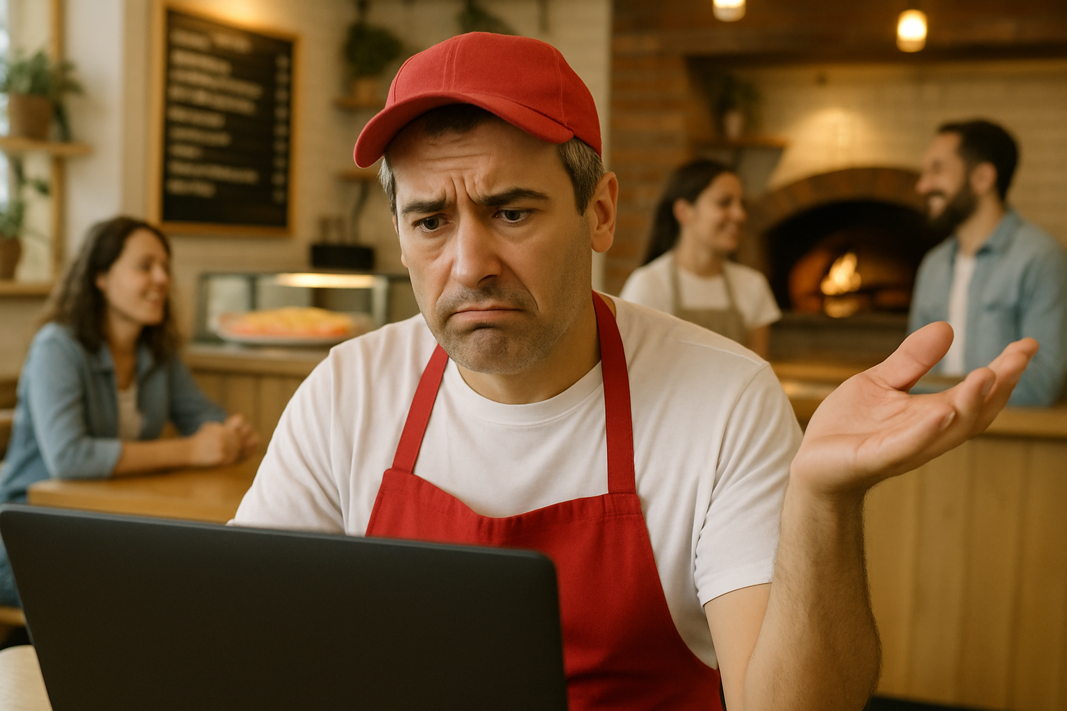 Small business owner in a red apron and cap looking frustrated at a laptop, raising one hand in confusion, symbolizing uncertainty about choosing a payment processor.