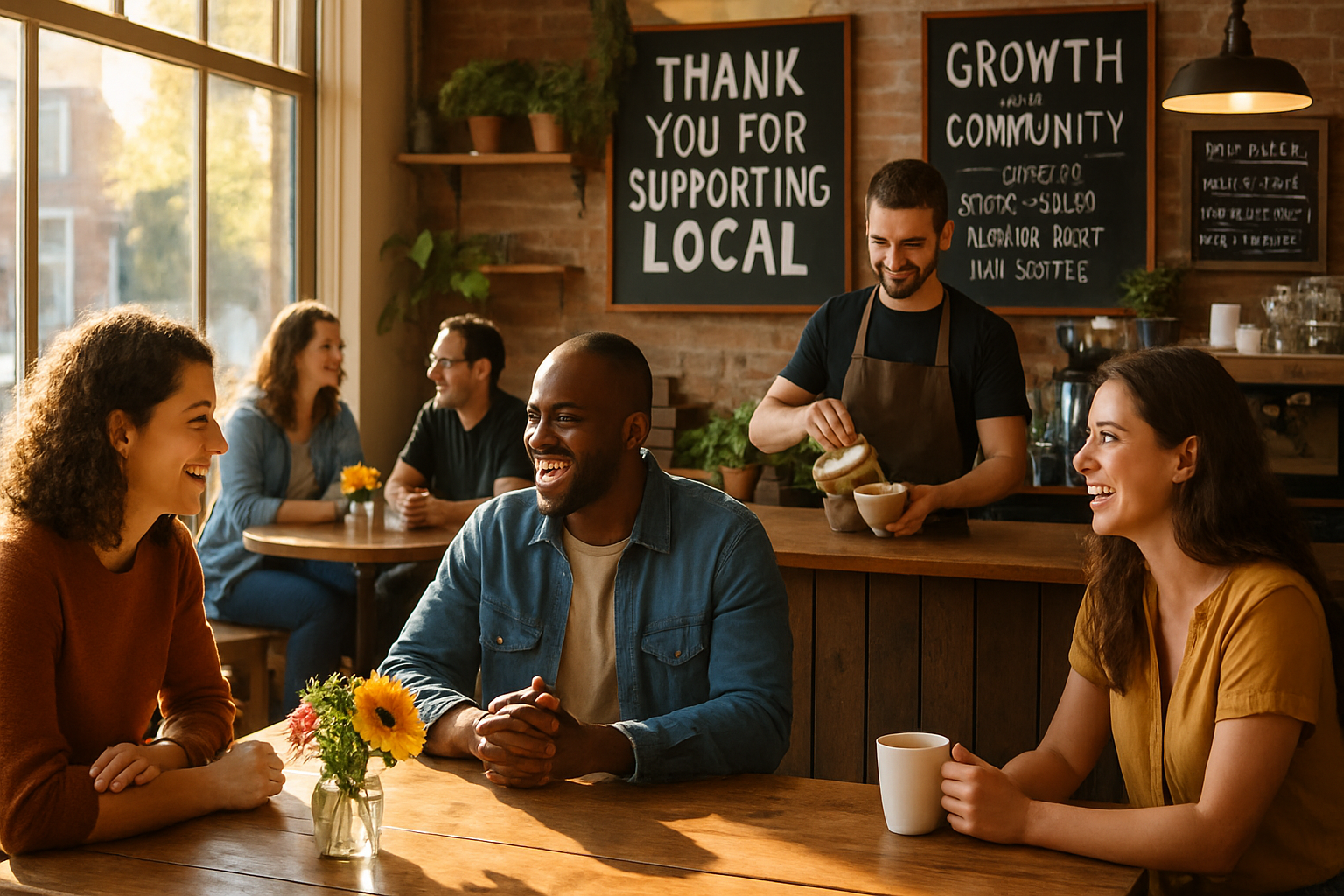 Group of friends sitting at a caf&eacute; table, laughing and enjoying conversation while a barista prepares coffee behind the counter. Bright natural light and a warm, welcoming atmosphere with a &lsquo;Supporting Local&rsquo; sign in the background.