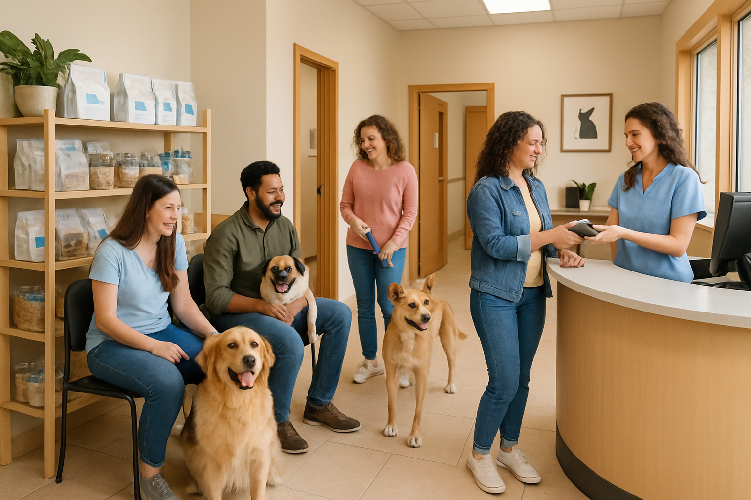 Pet owners with dogs waiting at a veterinary clinic reception desk while a customer makes a payment to the receptionist, symbolizing small businesses choosing the right payment processor.