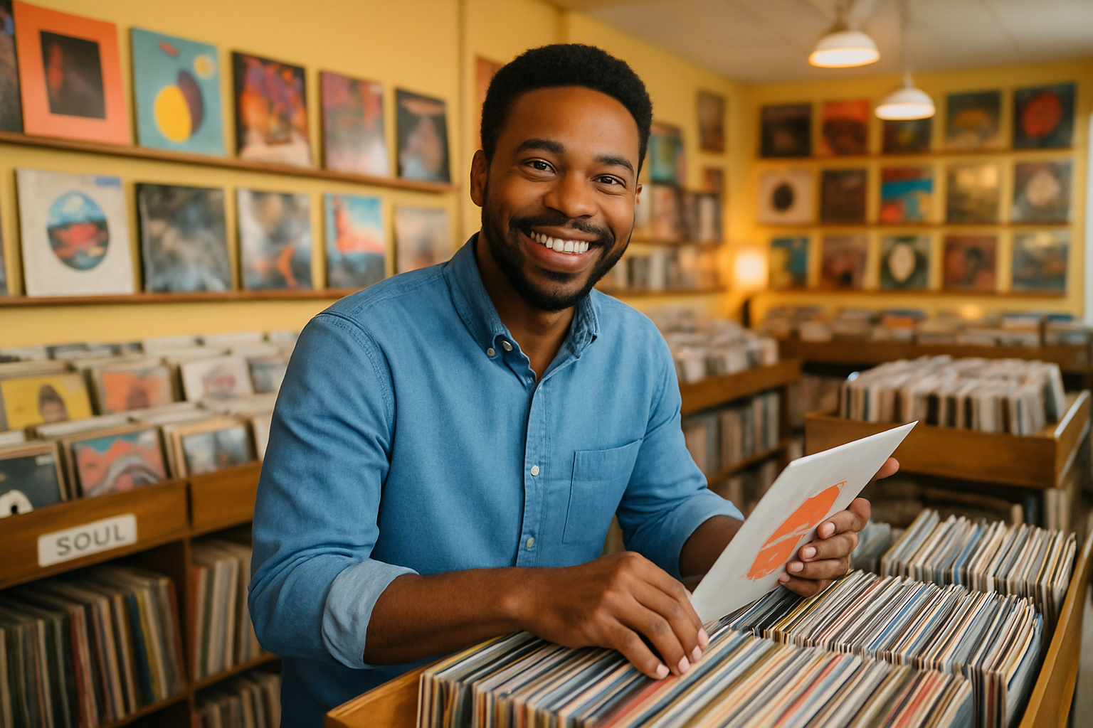 Image depicts a male black business owner at his record shop smiling at the camera because he's well educated on his payment processing fees. He's organizing records for sale, the record shop is bright and upbeat, just like his music collection.