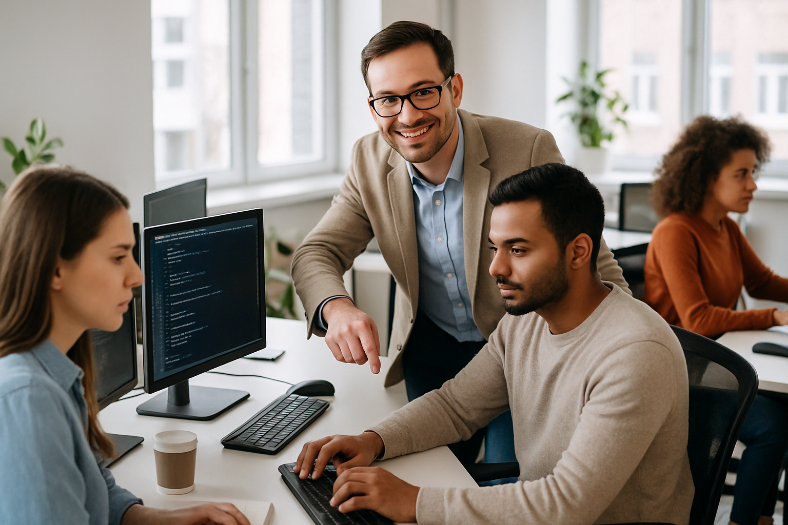 Image depicts a team working at a software company at their desks. There is a manager who appears to be helping others, he's looking at the camera while he's helping others. The office is bright and airy.