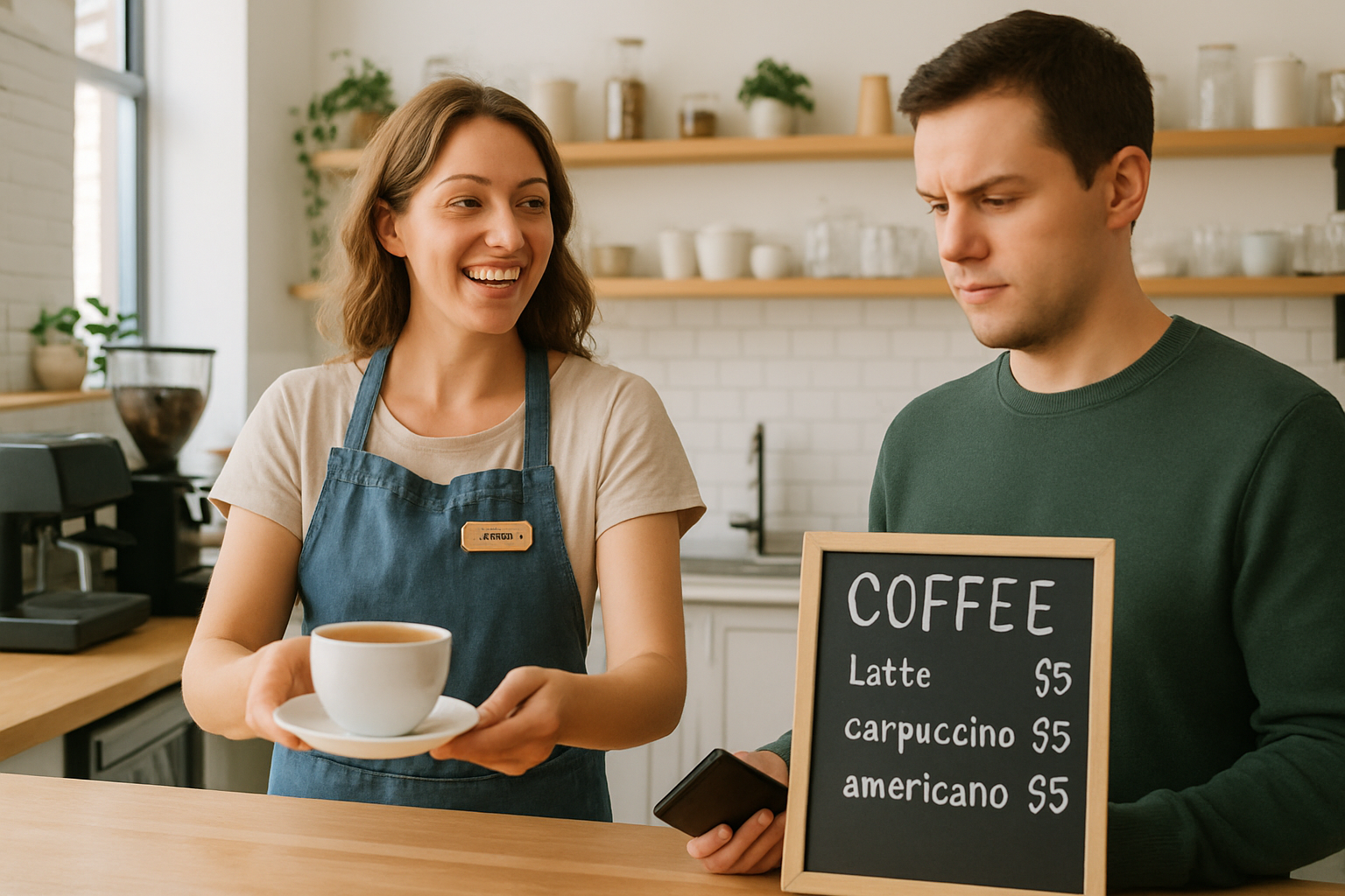 Barista smiling while handing a cup of coffee to a customer who looks uncertain while holding a menu board, symbolizing the hidden costs behind seemingly free payment processing offers.