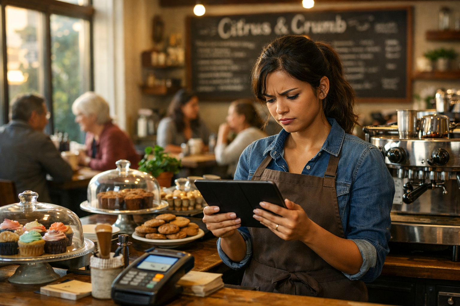 In a cozy café named Citrus & Crumb, warm light filters through large windows, illuminating rustic wooden tables adorned with small potted plants. A cheerful barista, Maya, stands behind the counter, her hands skillfully operating a vintage espresso machine that gleams with personality. The café is filled with colorful baked goods displayed under glass domes, enticing customers with their sweet aroma. Regular patrons, a mix of friends and families, chat animatedly at tables, sipping on steaming mugs and nibbling on cookies. In the background, a chalkboard menu lists daily specials in playful handwriting. A digital payment terminal on the counter reflects the hustle of transactions as soft music plays, creating a welcoming atmosphere where community and comfort intertwine. A slight frown crosses Maya's face as she checks a statement on her tablet, the numbers casting a shadow of concern over her otherwise joyful surroundings. Other than the cafe's name, there is no text in this image.