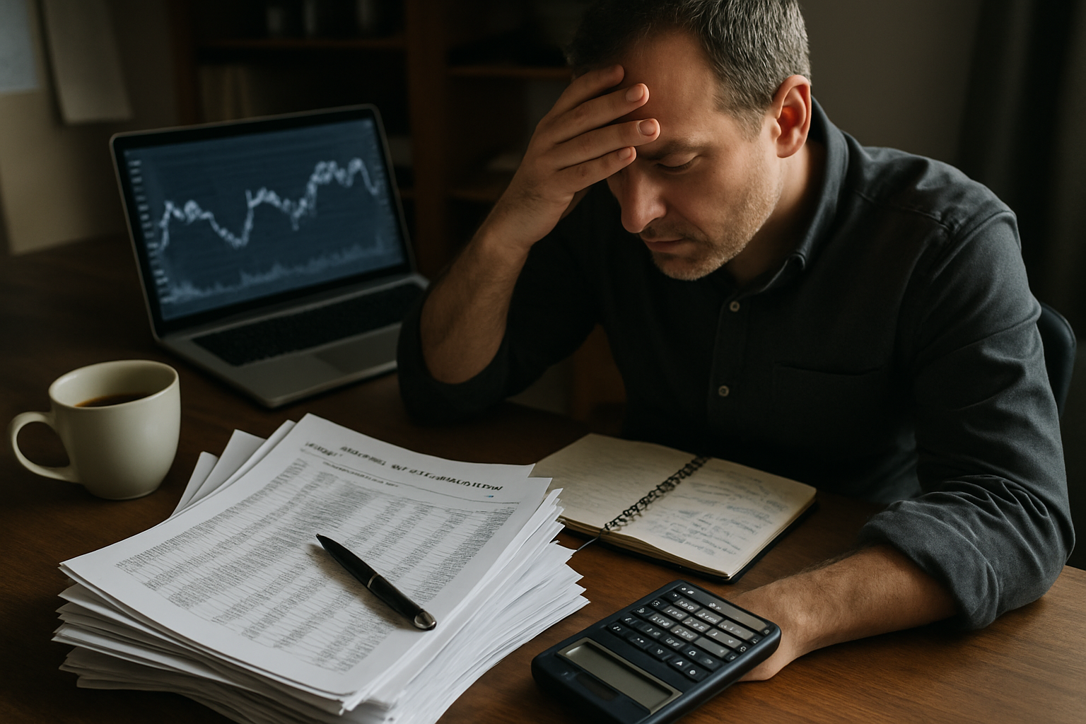 The image depicts a business owner at his cluttered desk with a stack of monthly payment statements, their pages slightly fanned out, revealing dense columns of numbers, codes, and acronyms. A pen lies atop the papers, and a coffee cup, half-full, sits nearby, hinting at a long session of contemplation. In the background, a laptop screen displays a graph with fluctuating lines, symbolizing financial trends. A notepad with scribbled notes and a calculator rests on the side, suggesting an attempt to decipher the complex information. The lighting is soft, casting gentle shadows, creating an atmosphere of focus and urgency, as if the viewer is about to embark on the task of unraveling the hidden meanings behind the confusing statements. The overall scene conveys a sense of overwhelm mixed with determination, emphasizing the importance of understanding financial documents for small business owners. There are no legible words on the papers.